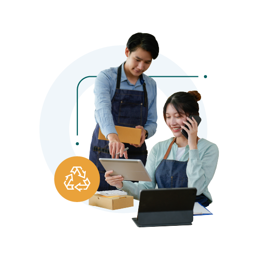 Pair of traders with tablets and EPR-compliant packaging